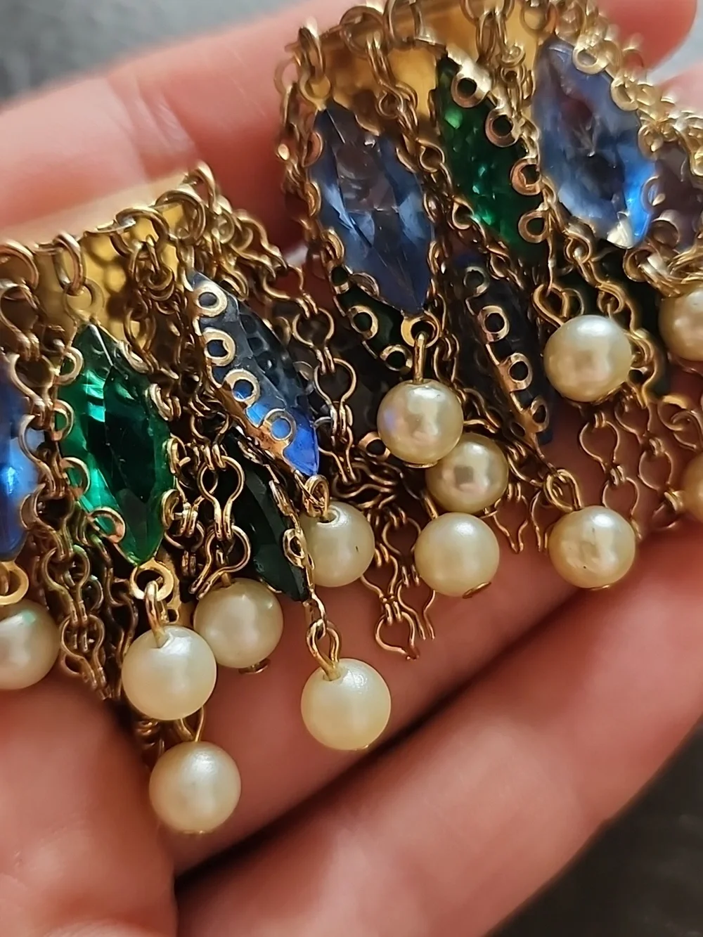 VTG Gold-Tone Pearl Clip Earrings with Blue and Green Crystal Accents - Picture 3 of 9